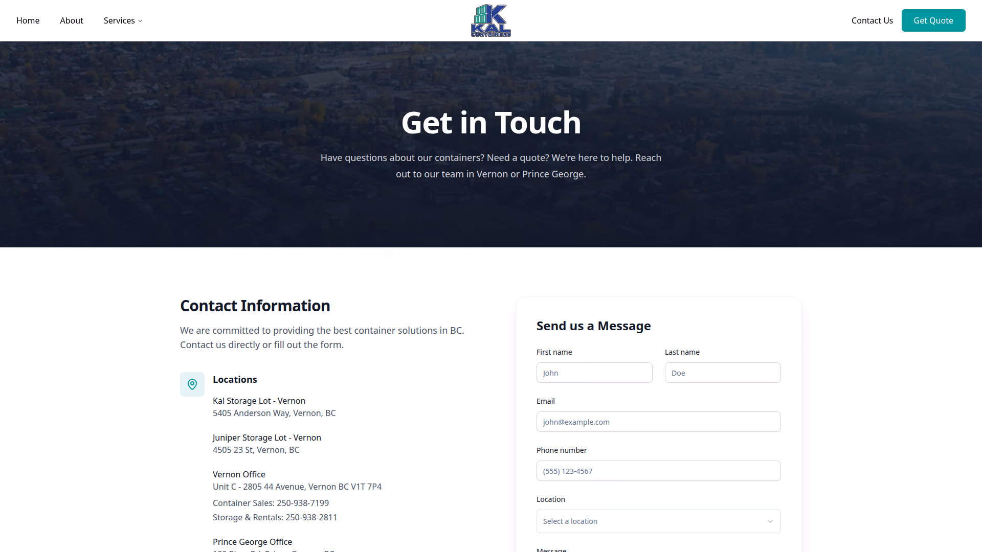 KAL Containers contact page (desktop)